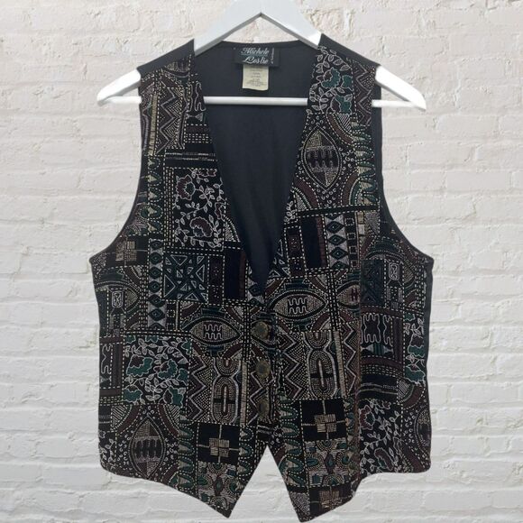 Michele Leslie 80s Vintage Velvet Vest M Metallic Tribal Boho - Picture 2 of 14
